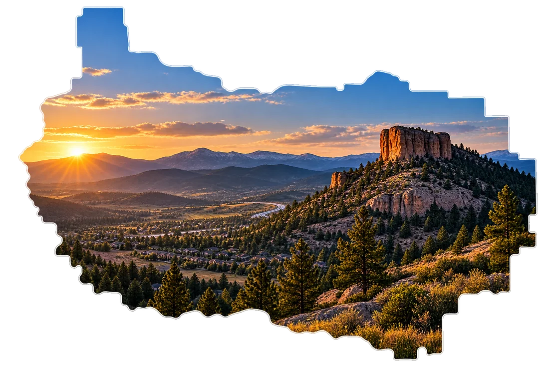 Douglas County, Colorado outline with Castle Rock butte at sunset