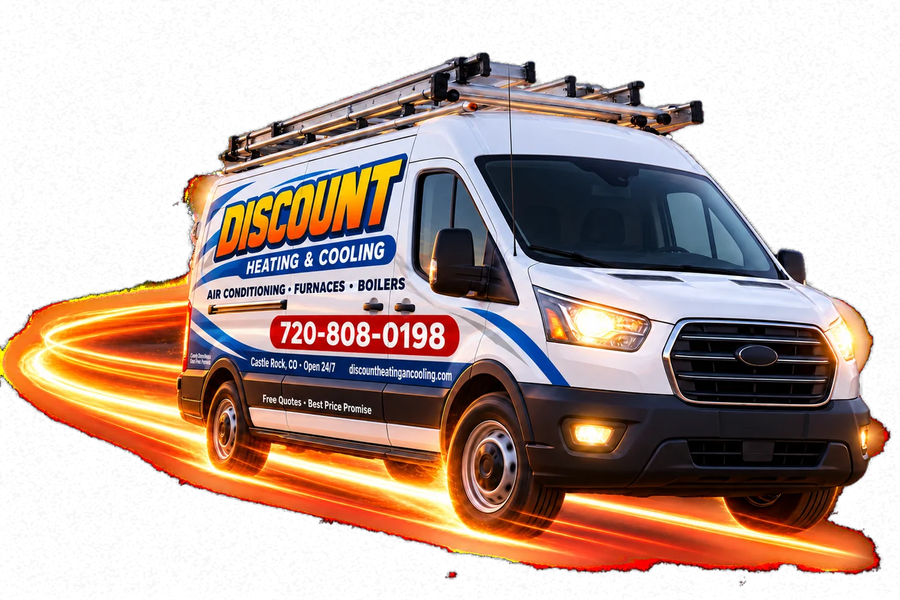 White HVAC service van speeding along a Castle Rock road at dusk
